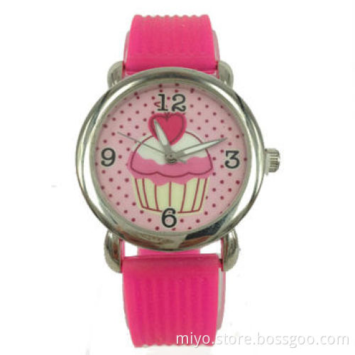 Children's watch in silver case and silicone strap, pattern dial, various colors for selection